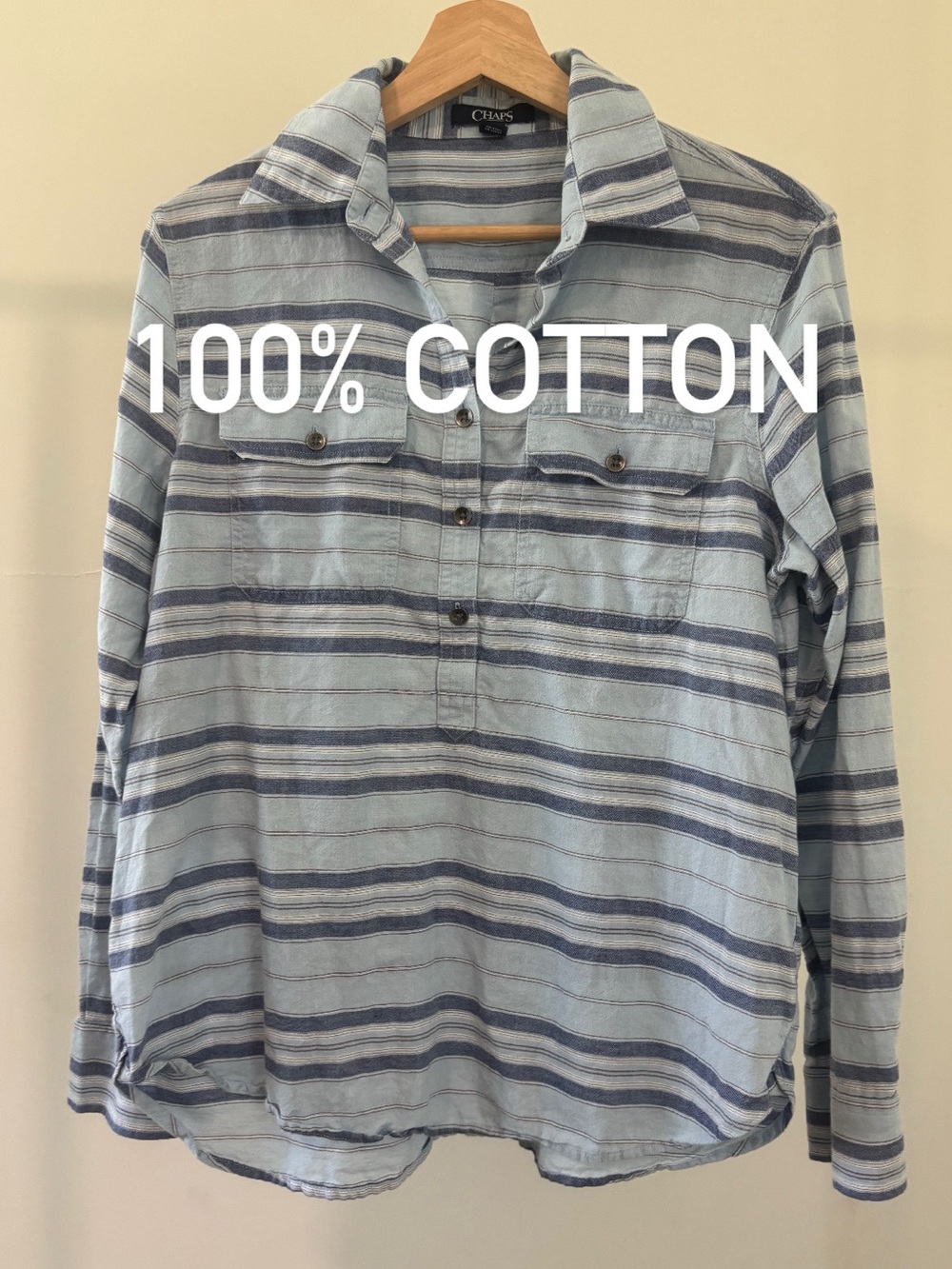 Chaps Blue & Navy Striped Button-Front Polo Shirt | 100% Cotton | Size M
